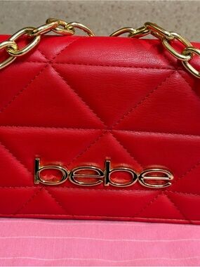 bebe Red Quilted Leather Crossbody with Gold Chain